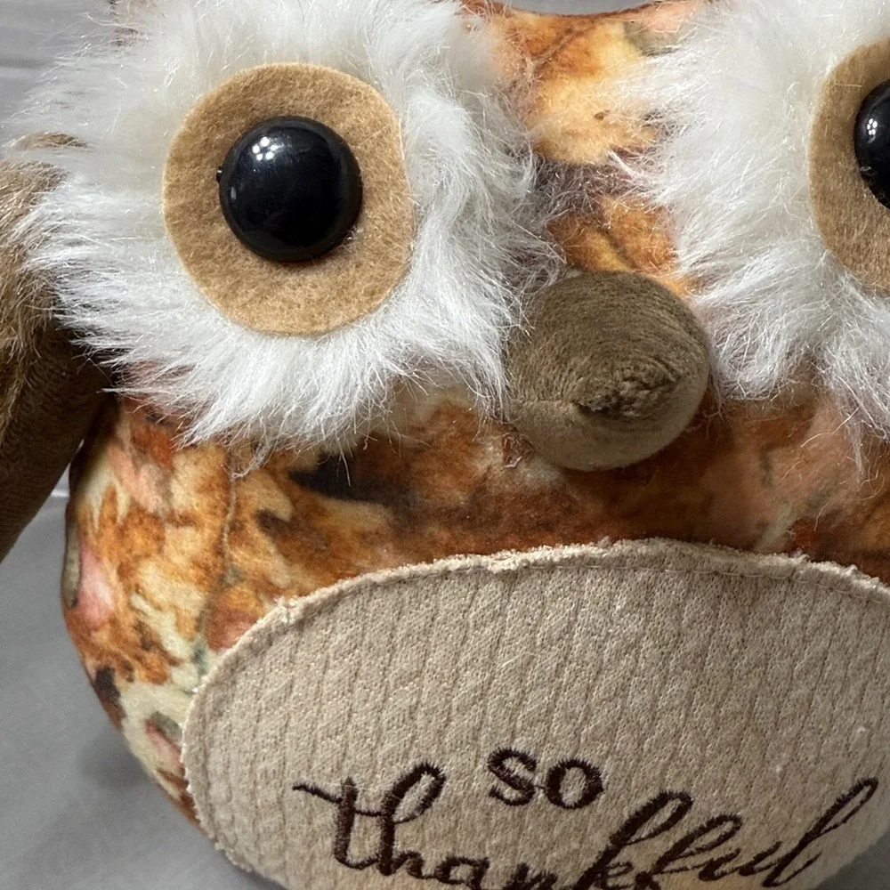 So Thankful Owl Plush Shelf Sitter with Striped Legs Big Eyes Furry Fall Colors